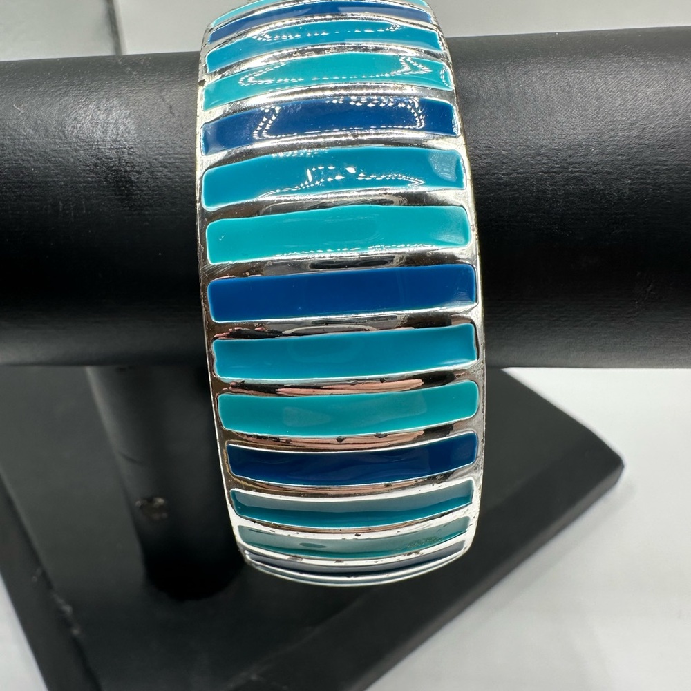 Chunky Blue Turquoise Enamel Stripes Bangle Bracelet Push in Clasp